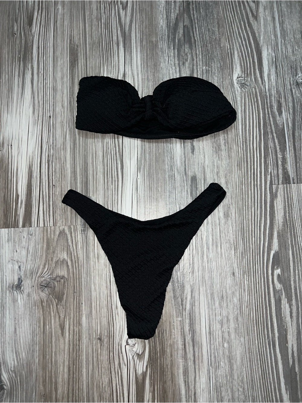 Black Textured Bandeau Bikini Set